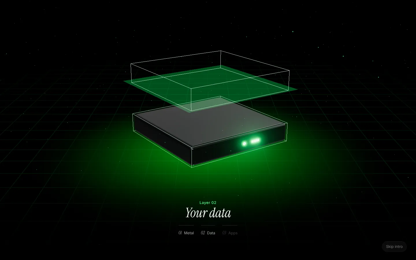 Three slabs stacked, the top one still outlined, with green light between the lower two.