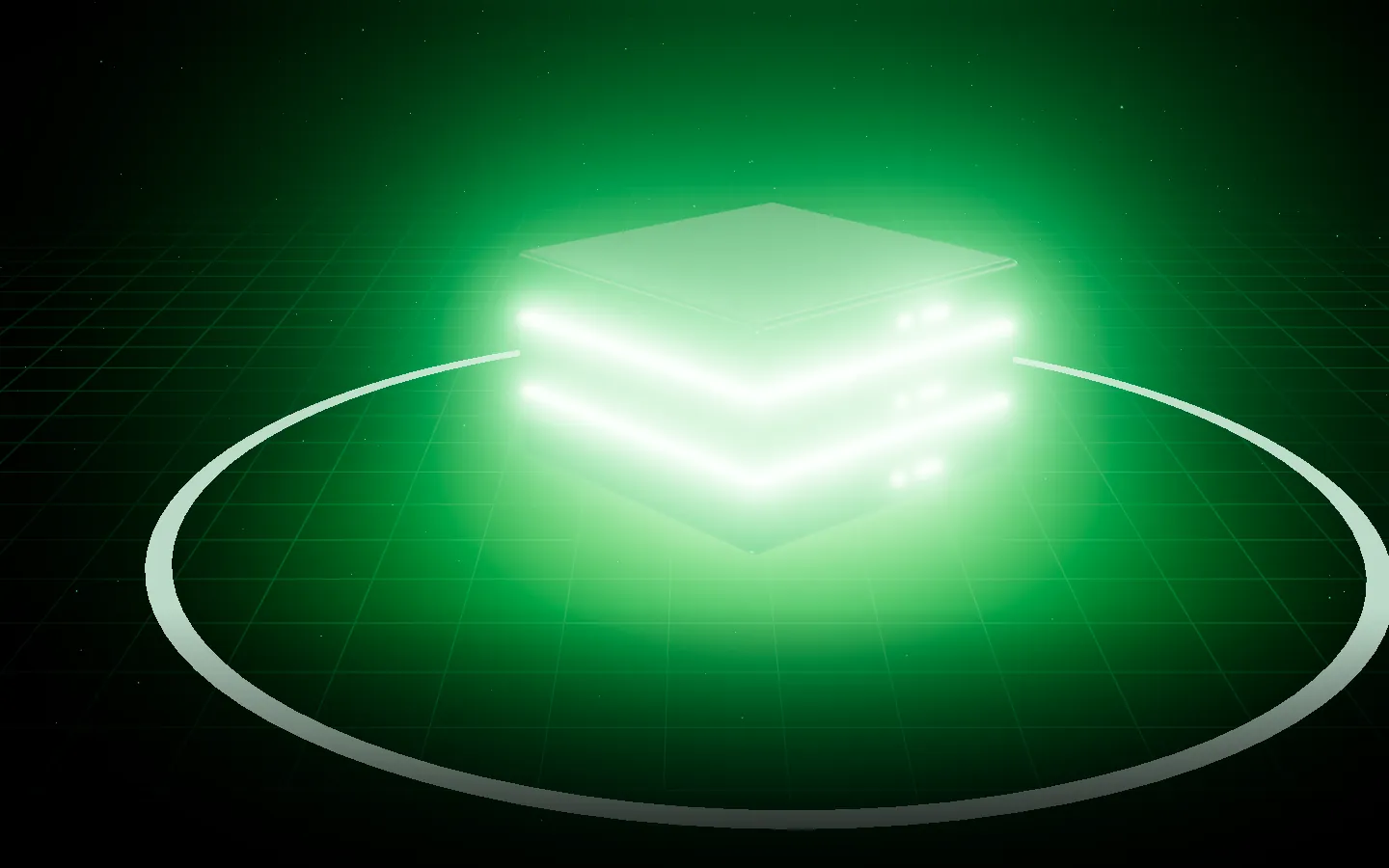 The finished stack glowing bright green, with a ring of light spreading across the floor.