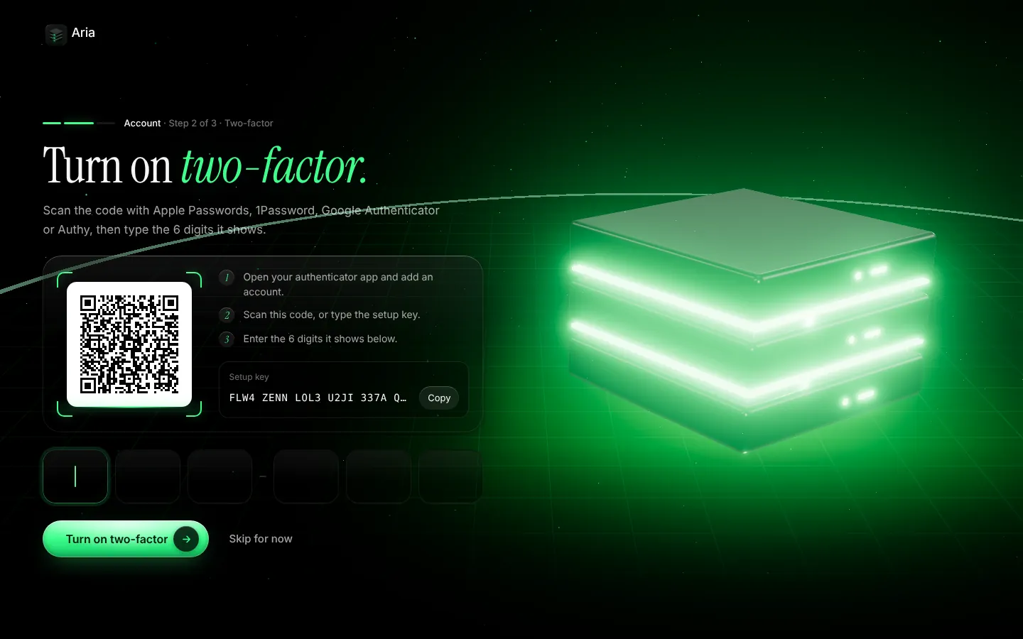 The two-factor step: a QR code in a glowing frame, the setup key, and six boxes for the code.